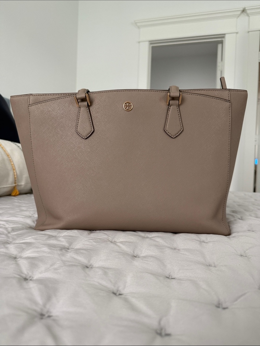 As Is - Tory Burch Taupe Leather Saffiano Tote with Gold Logo